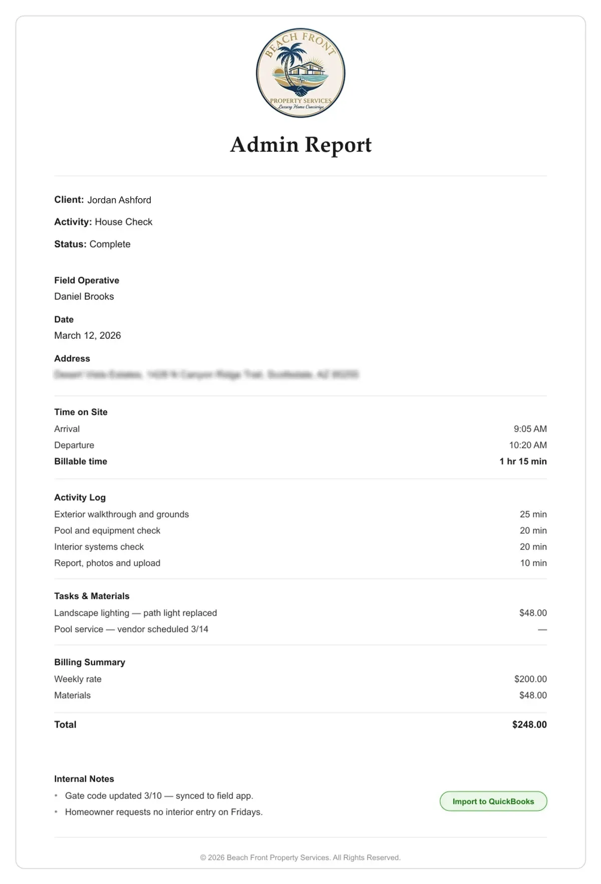 A weekly admin report for the same visit: operator, time on site, a logged activity breakdown, tasks and materials, a billing summary, and internal notes.