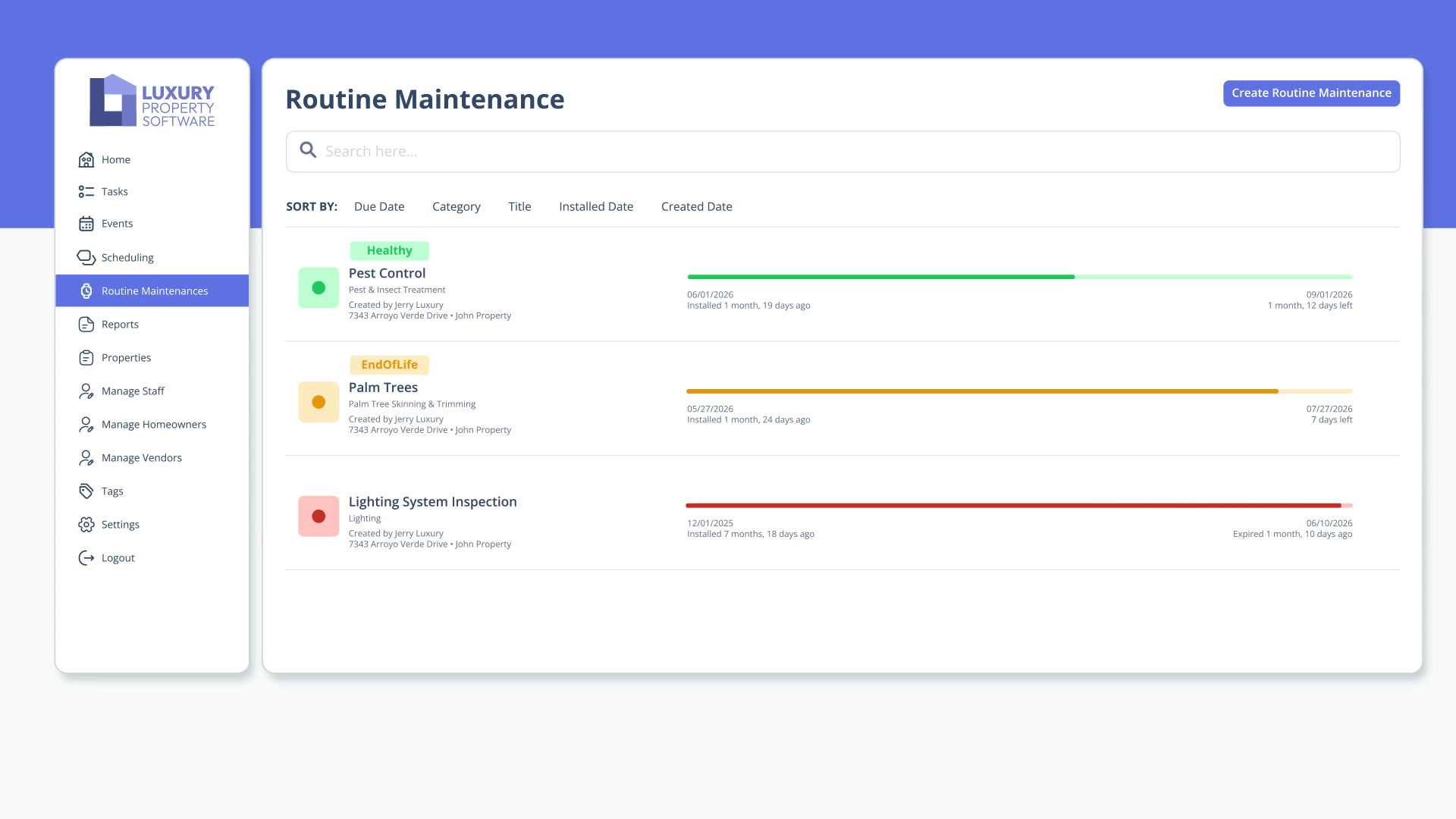 Routine Maintenance list in Luxury Property Software showing pest control, palm tree trimming, and lighting inspection with healthy, end-of-life, and overdue status bars