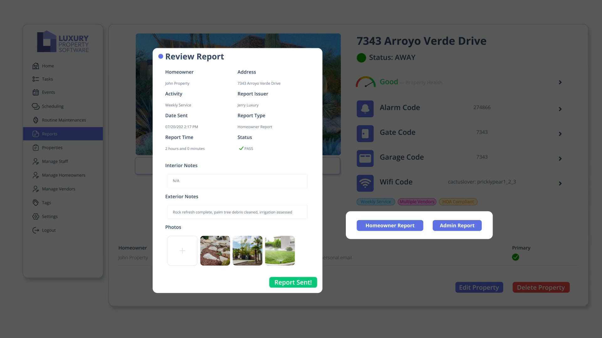 A Review Report dialog in Luxury Property Software showing homeowner, address, activity, PASS status, exterior notes, and attached site photos ready to send