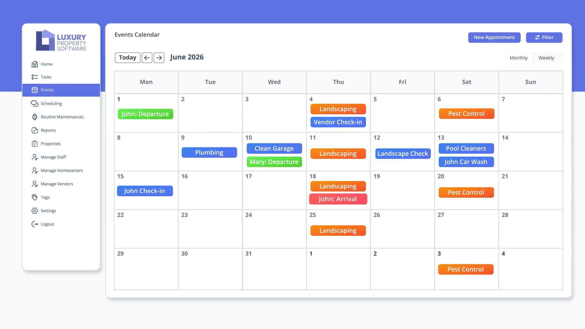 Events calendar in Luxury Property Software with scheduled vendor visits including landscaping, pest control, pool cleaners, plumbing, and vendor check-ins