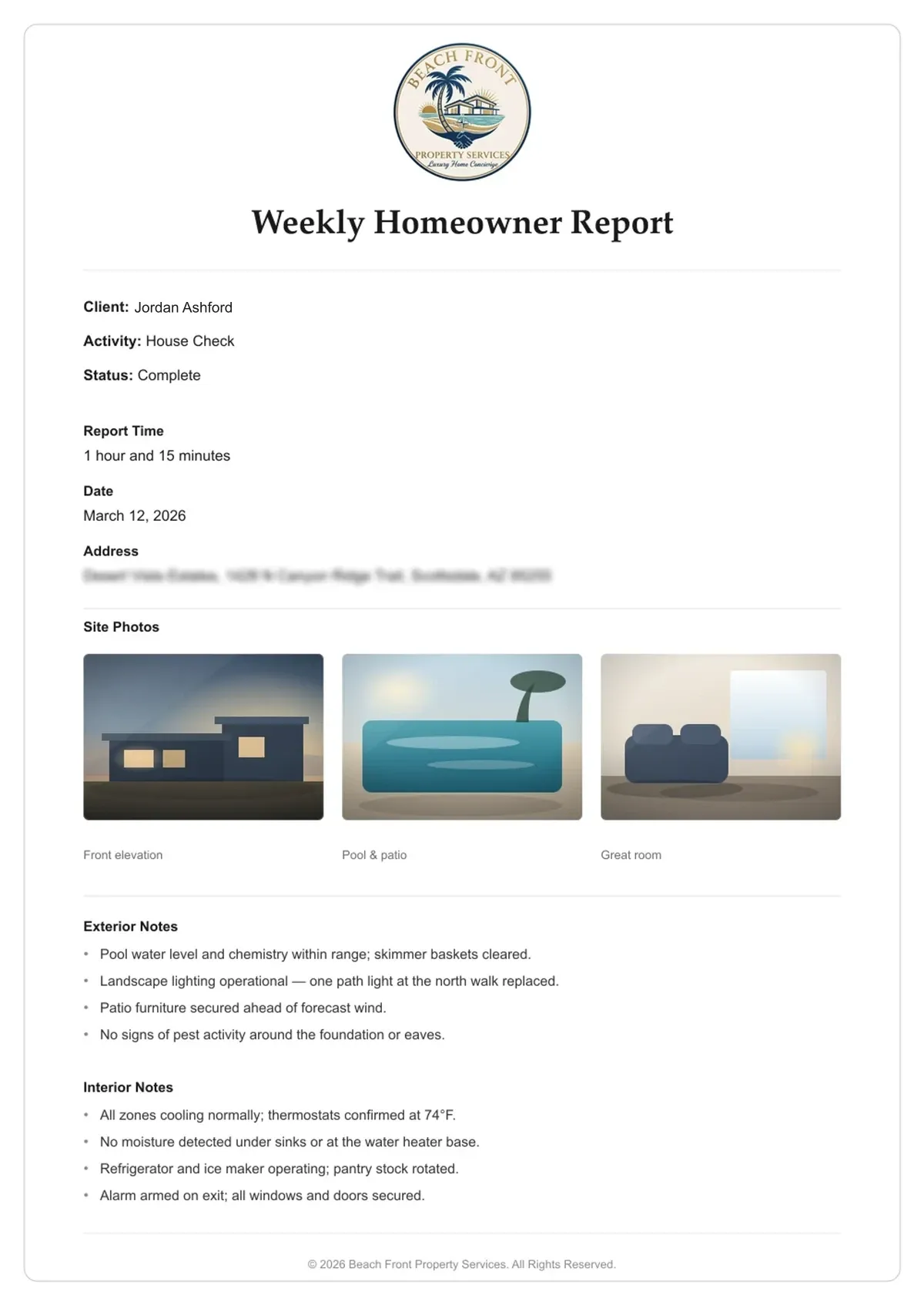 A weekly homeowner report from Beach Front Property Services: client and activity details, three site photos, and exterior and interior inspection notes.