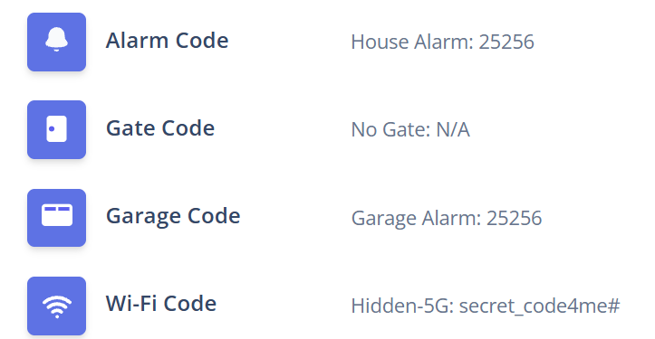 A property’s alarm, gate, garage, and Wi-Fi codes as listed in the app