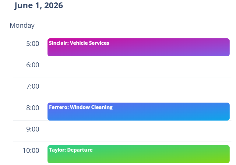 A day on the property calendar with a vehicle service, window cleaning, and a guest departure