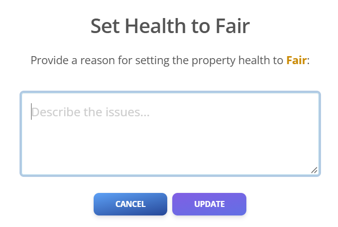 The Set Health to Fair dialog asking for a reason