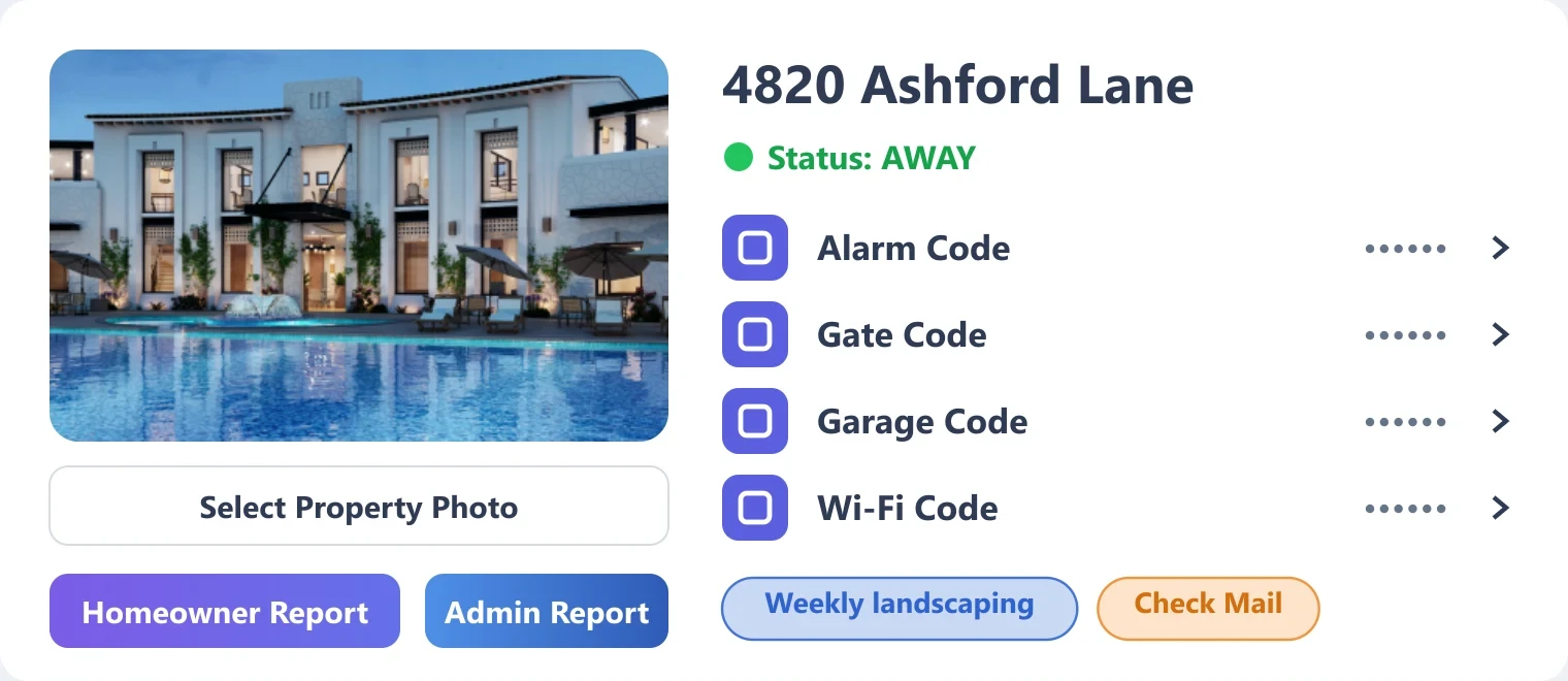 The top of the property profile for 4820 Ashford Lane: a photo of the home and pool, status Away, alarm, gate, garage and Wi-Fi codes, tags, and buttons for the homeowner and admin reports