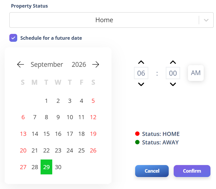 The Update Property Status dialog, set to Home with a future date and time, with a key showing red for Home and green for Away