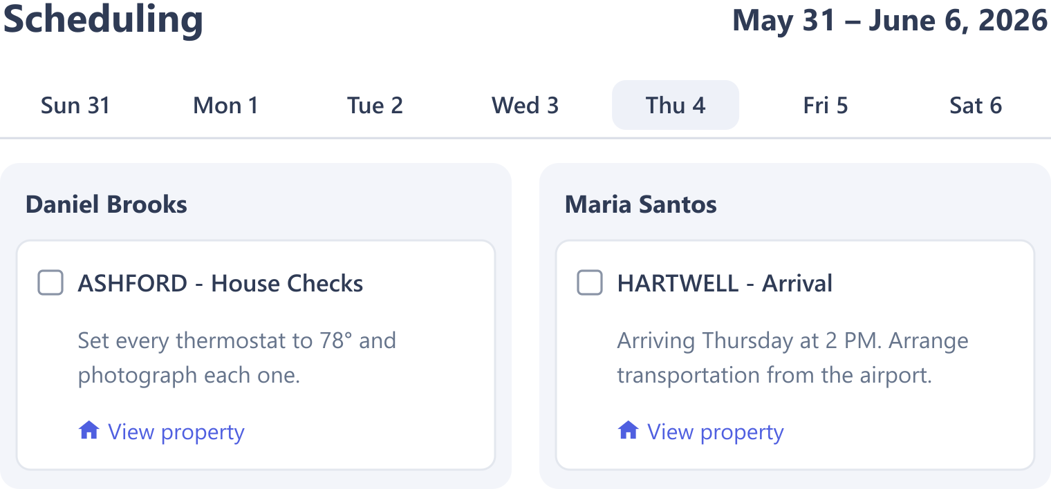 Two special requests on the scheduling board for Thursday: a thermostat check at the Ashford property and the Hartwells’ arrival with airport transportation, each on a field operator’s day