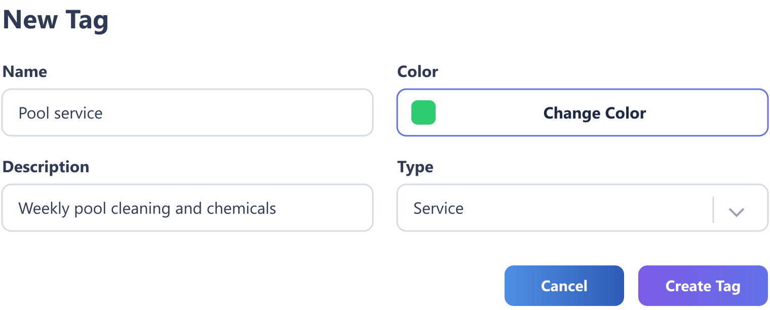 The New Tag form filled in for a Pool service tag, with a Change Color button and a Type of Service